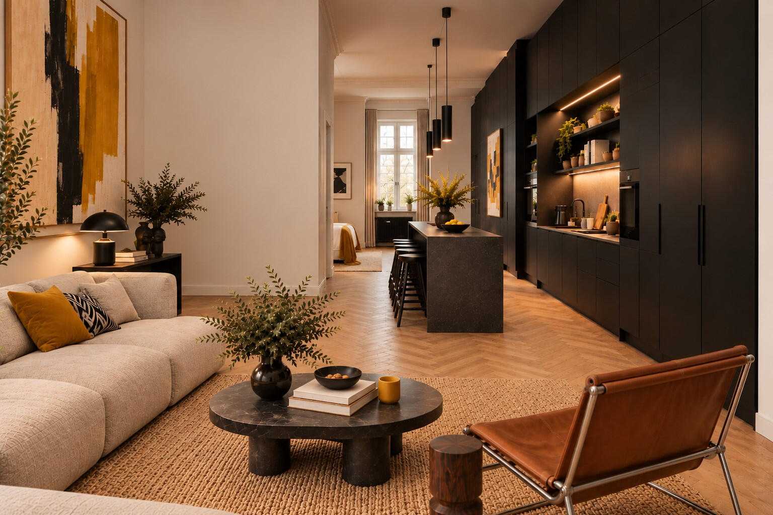 Appartement traversant restructuré, cuisine noire et séjour ouverts, Amsterdam